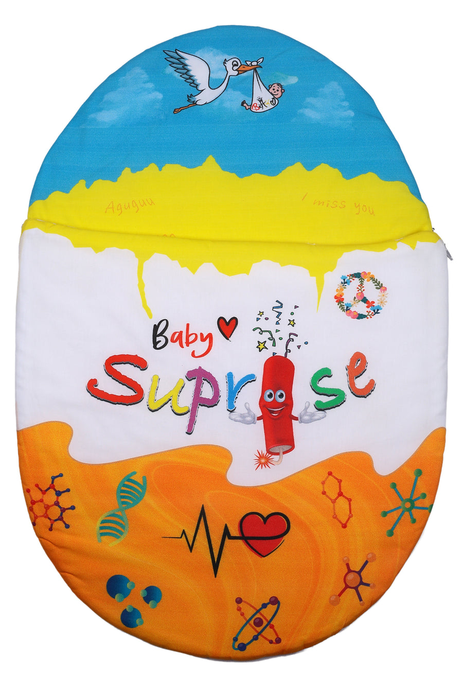 Vorderansicht des Baby♡Suprise® Dream Eiora Essence Schlafsacks mit Wissenschaftsmotiv mit DNA- und Herzsymbolen