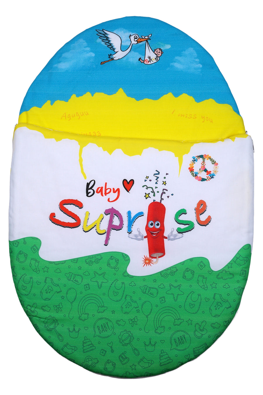 Vorderansicht des Baby♡Suprise® Dream Wonder Green Schlafsacks mit feinen Baby-Symbolen