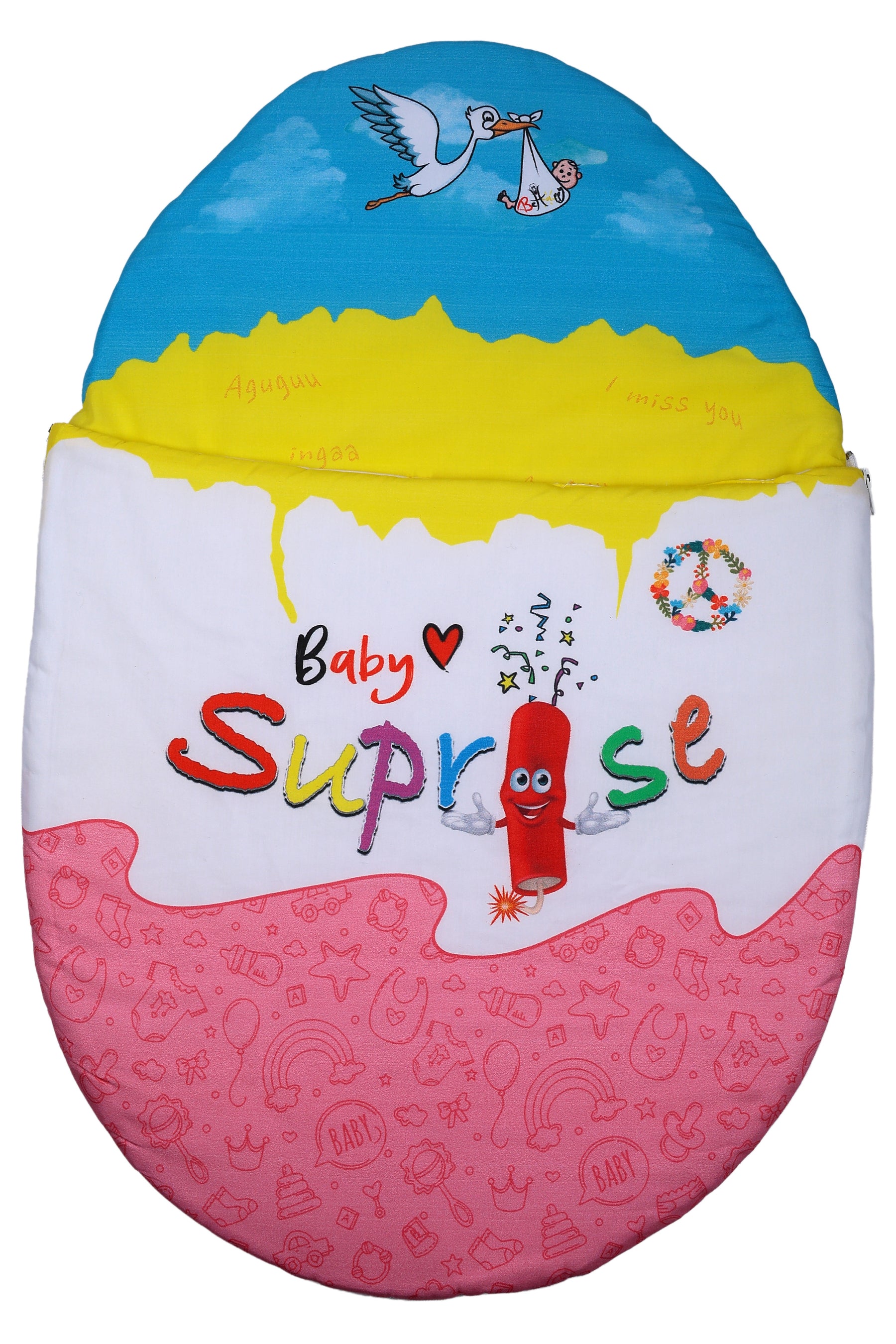 Vorderansicht des Baby♡Suprise® Dream Wonder Pink Schlafsacks mit feinen Baby-Symbolen