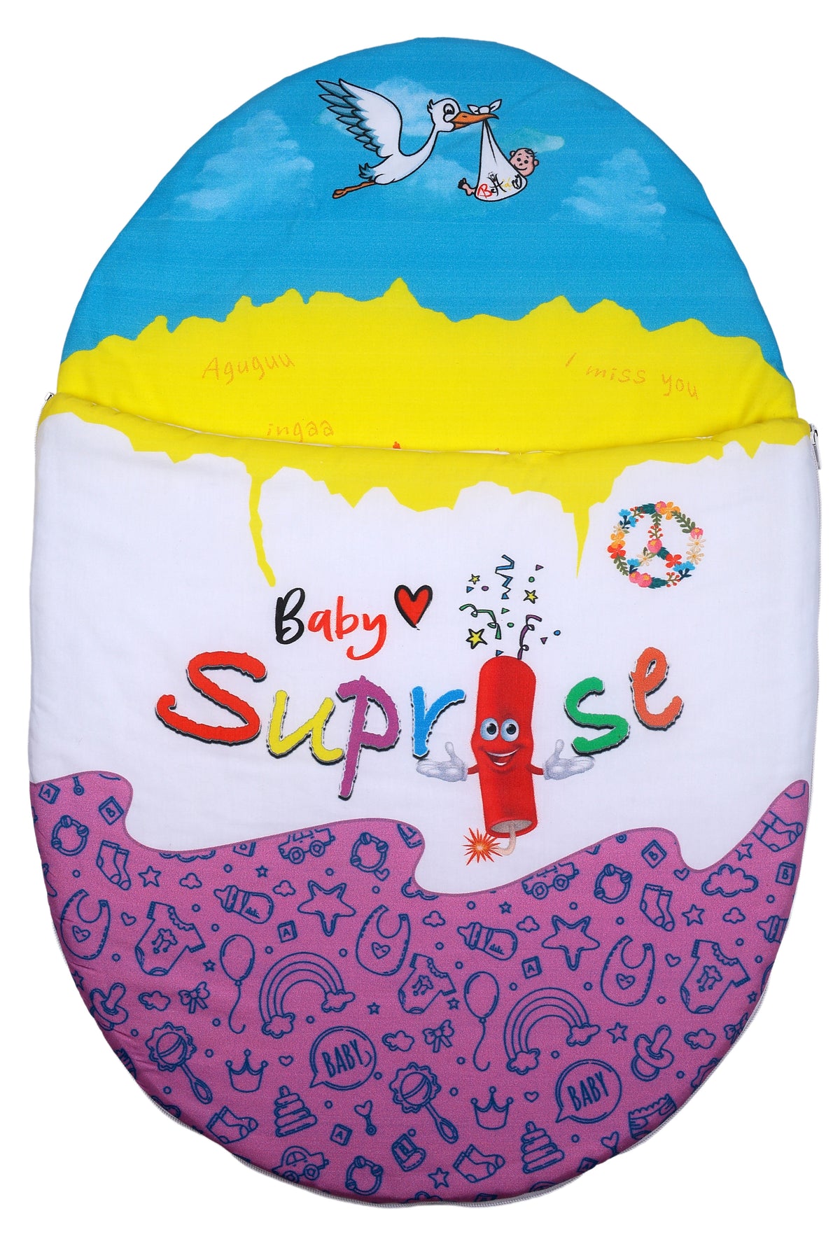 Vorderansicht des Baby♡Suprise® Dream Wonder Pinple (Pink-Purple) Schlafsacks mit kontrastreichen Baby-Symbolen