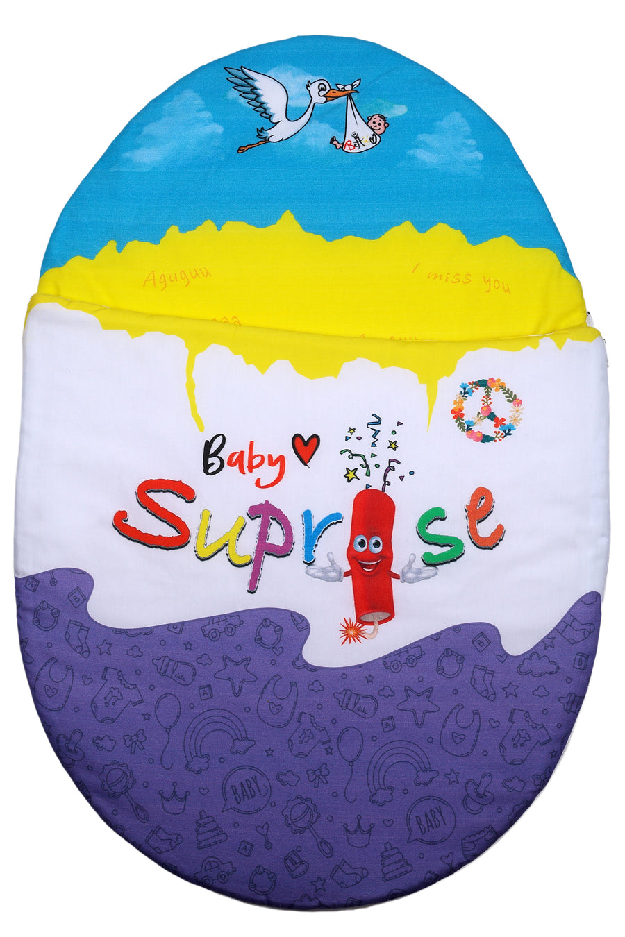Vorderansicht des Baby♡Suprise® Dream Wonder Purple Schlafsacks mit feinen Baby-Symbolen