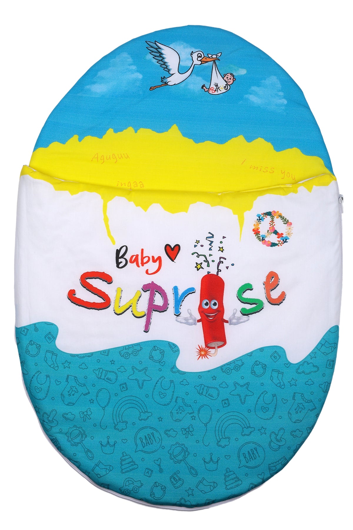 Vorderansicht des Baby♡Suprise® Dream Wonder Turquoise Schlafsacks mit feinen Baby-Symbolen