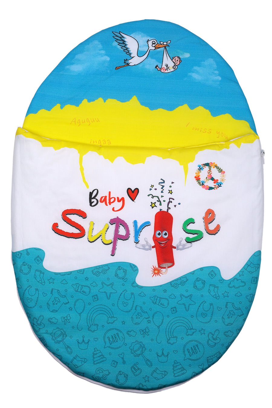 Vorderansicht des Baby♡Suprise® Dream Wonder Turquoise Schlafsacks mit feinen Baby-Symbolen