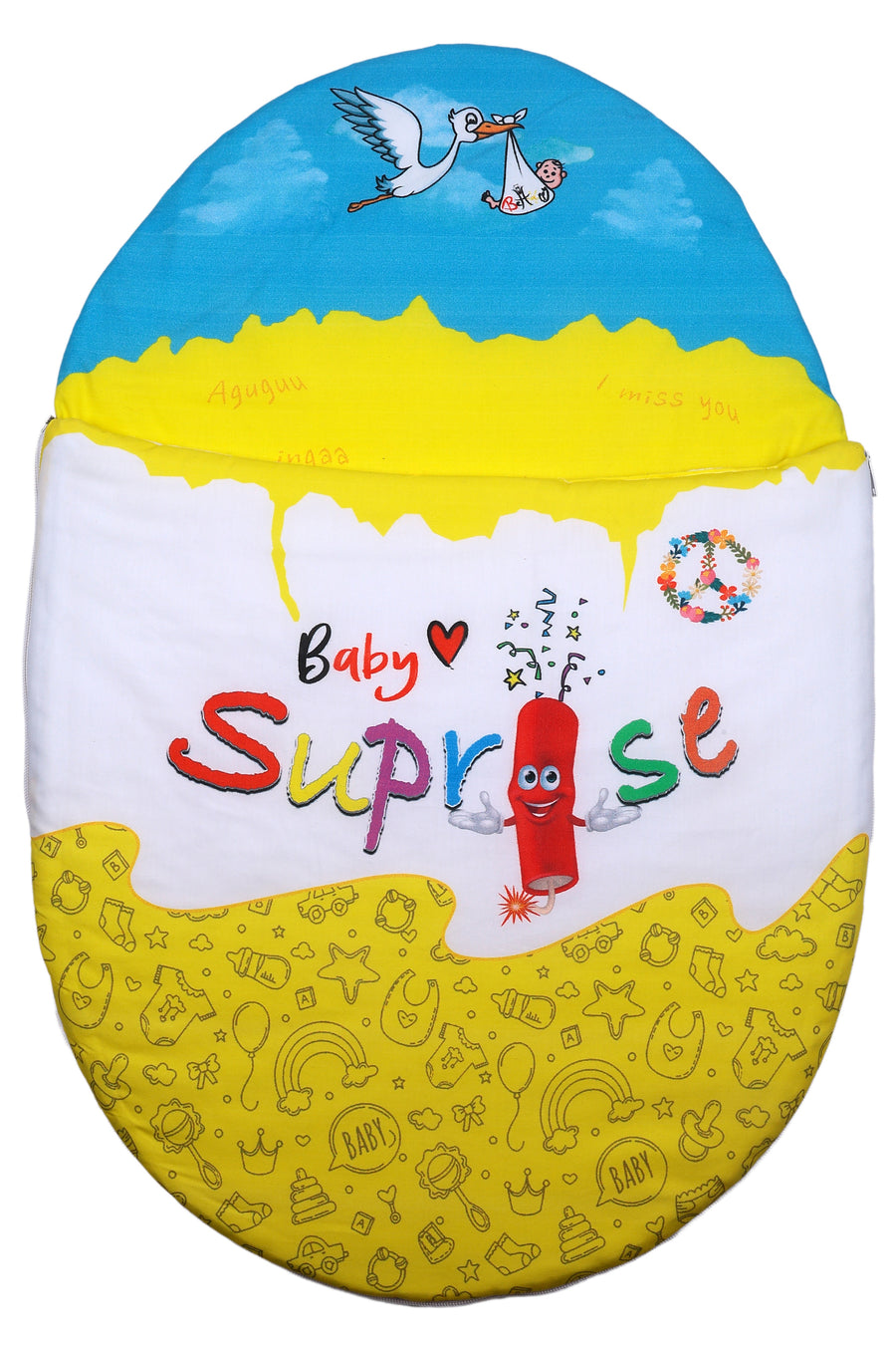 Vorderansicht des Baby♡Suprise® Dream Wonder Yellow Schlafsacks mit feinen Baby-Symbolen