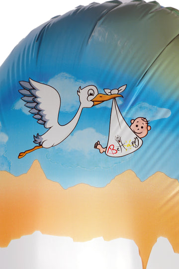 Nahaufnahme des Storchenmotivs auf dem Baby♡Suprise® Fly Heliumballon
