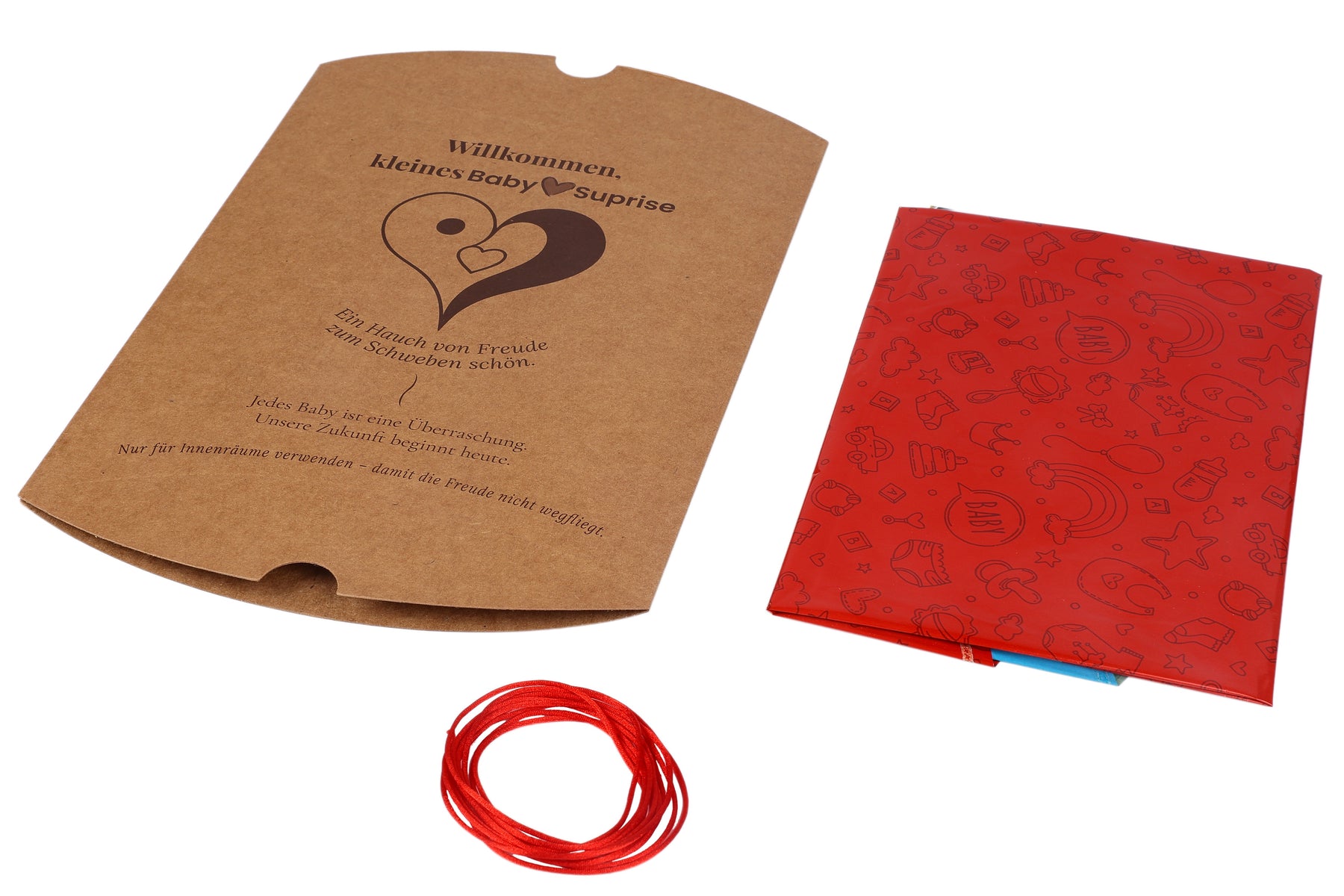 Baby♡Suprise® Fly Grußkartenhülle, rote Schnur und gefaltetes Ballonmaterial