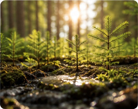 Junge Bäume in warmem Waldlicht