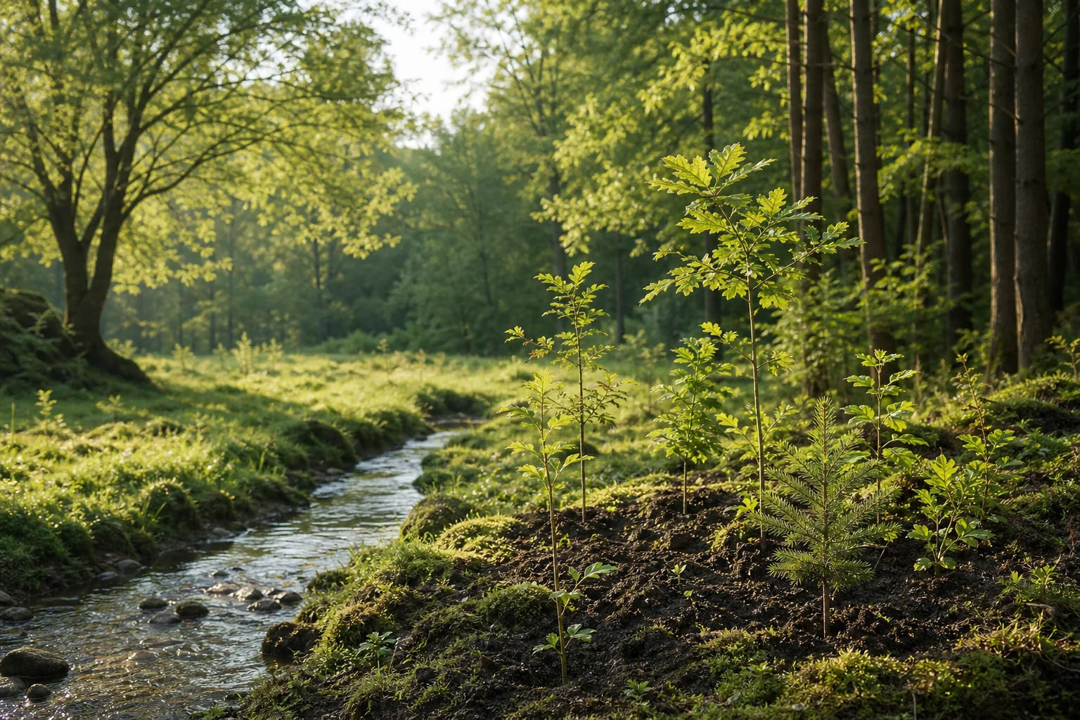 Junge Bäume an einem klaren Waldbach
