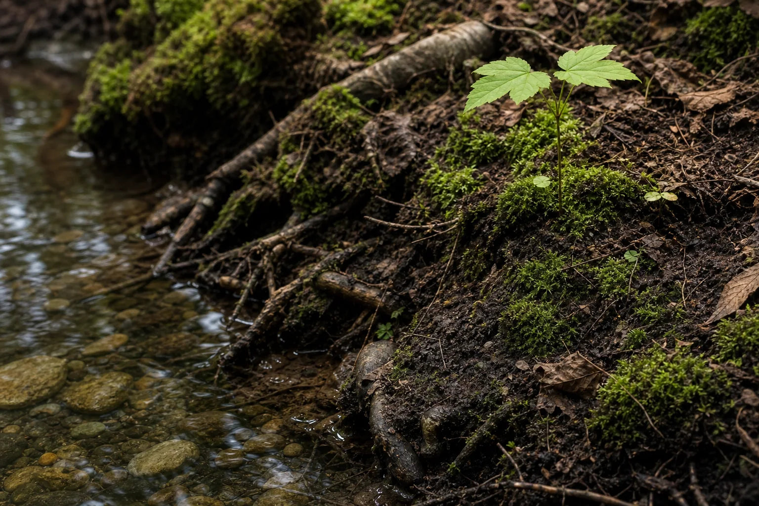 Junger Baum an gesundem Waldboden und klarem Wasser