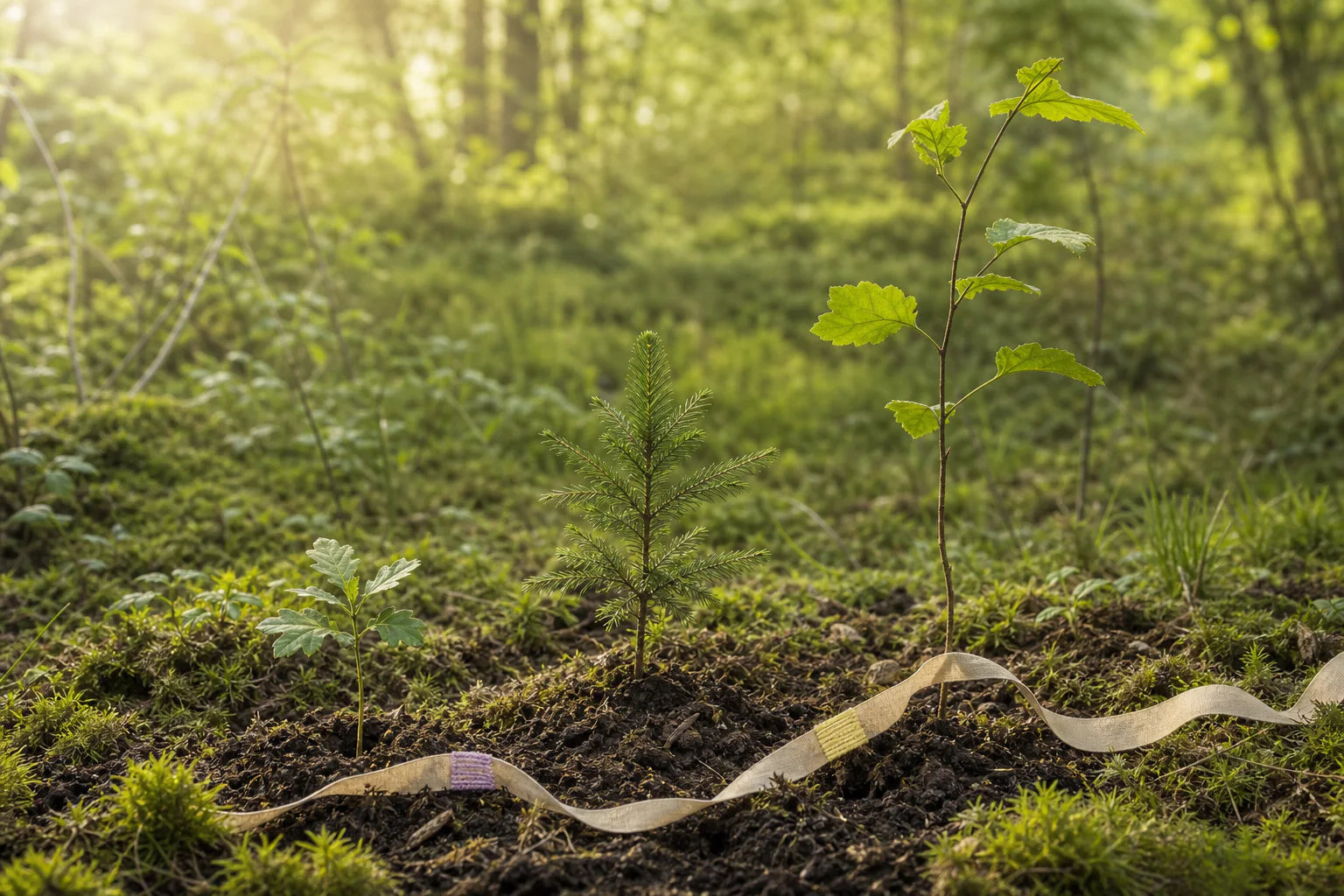 Drei junge Bäume auf gesundem Waldboden